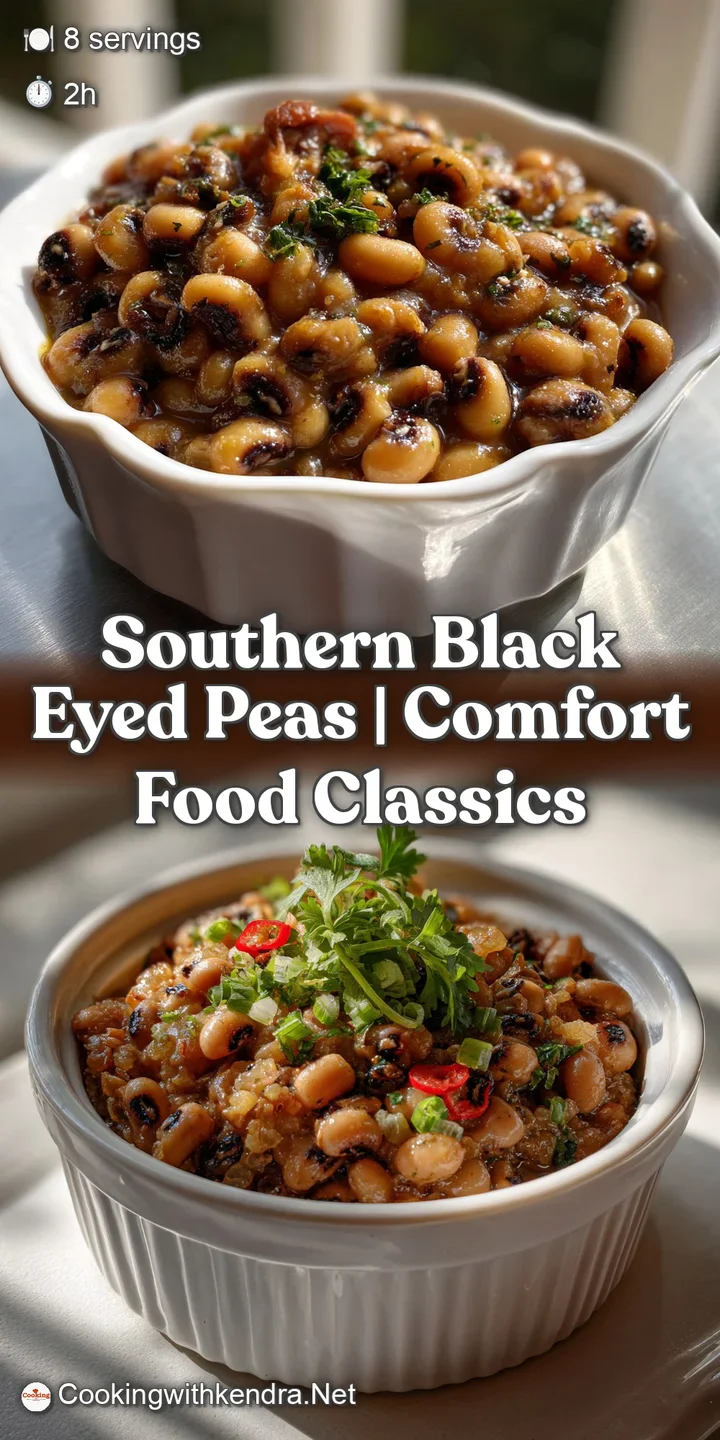 Close-up view of steaming black eyed peas, showing a rich, smoky depth of color. The tender beans are glistening with a sa...
