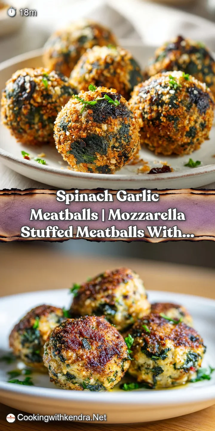 Close-up of glistening, seared meatballs with charred edges and bright green spinach bits inside the meat.