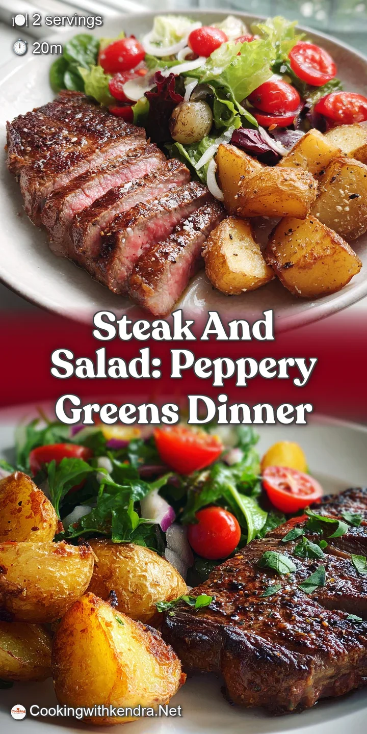 Juicy steak glistening with savory juices over fresh salad; peek of creamy dressing and golden croutons adds depth to the ...