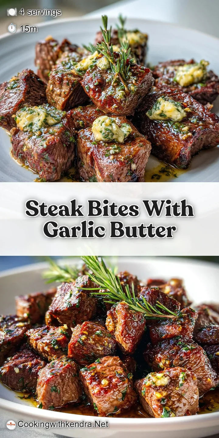 Close-up: Juicy, browned steak morsels swimming in a rich, bubbling garlic butter sauce, ready to eat.