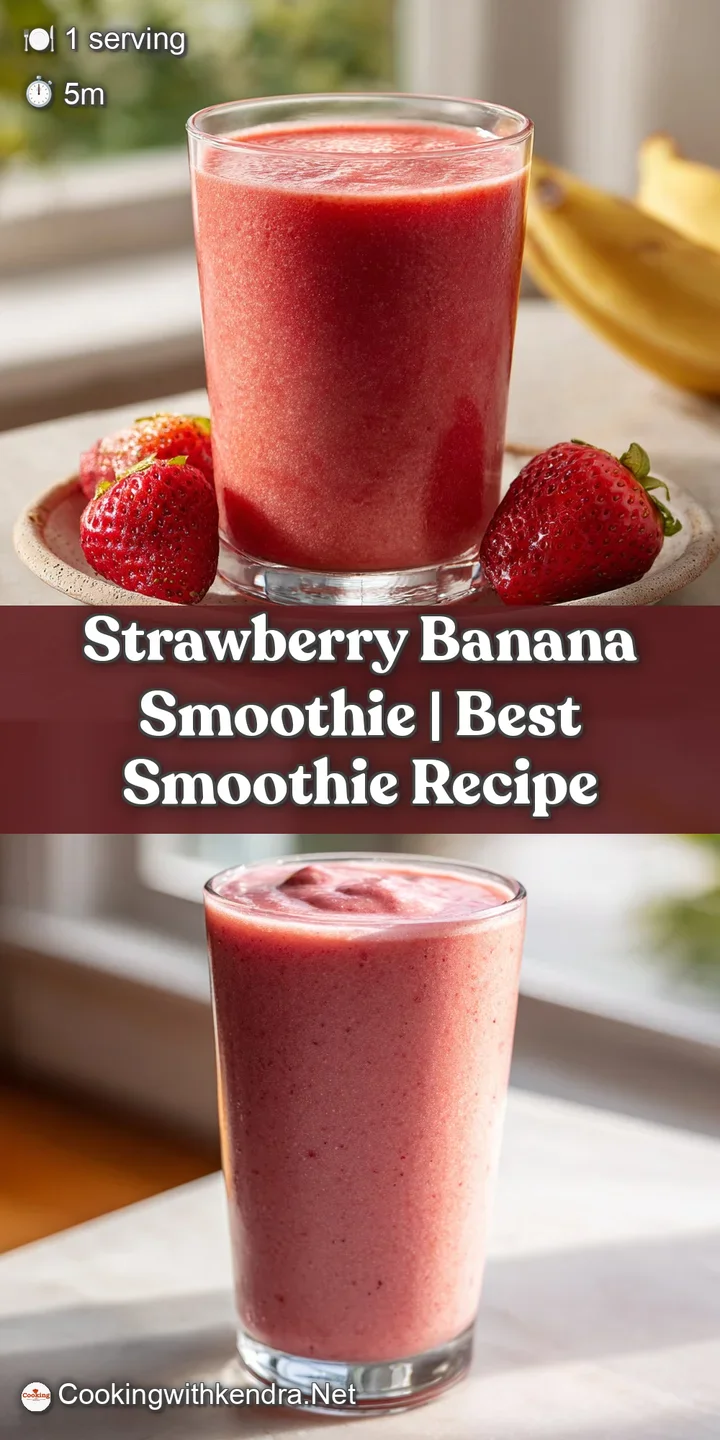 Close-up of a rich, thick strawberry banana smoothie with a smooth, creamy texture in a clear glass.