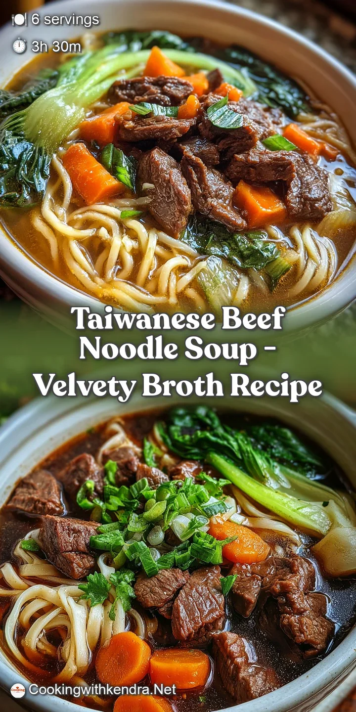 Close-up of tender braised beef and chewy noodles swimming in a flavorful, aromatic broth. A comforting and hearty Taiwane...