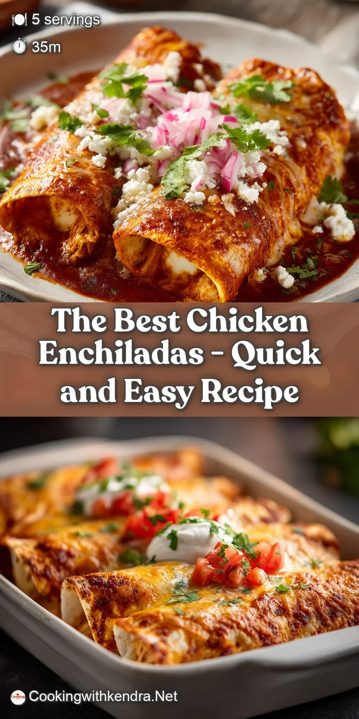 Close-up of a cheesy chicken enchilada, with a bubbling, golden-brown tortilla, topped with a rich red sauce and a dollop ...