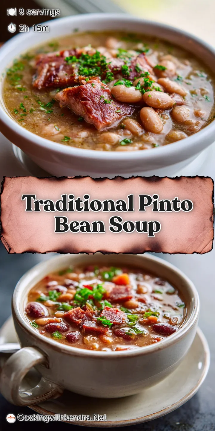 Close-up shot of steaming pinto bean soup; you can almost taste the smoky broth and creamy texture in the light.