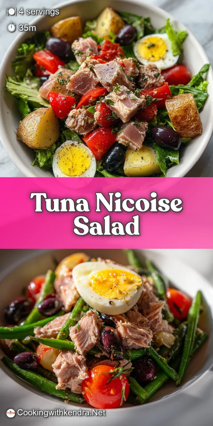 Close-up of a Tuna Nicoise Salad highlighting the flaky tuna, briny olives, and bright red tomatoes glistening with dressing.