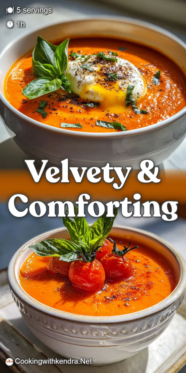 Steaming, deep red tomato soup close-up. Glistening droplets of olive oil and fresh basil leaves invite a comforting first...