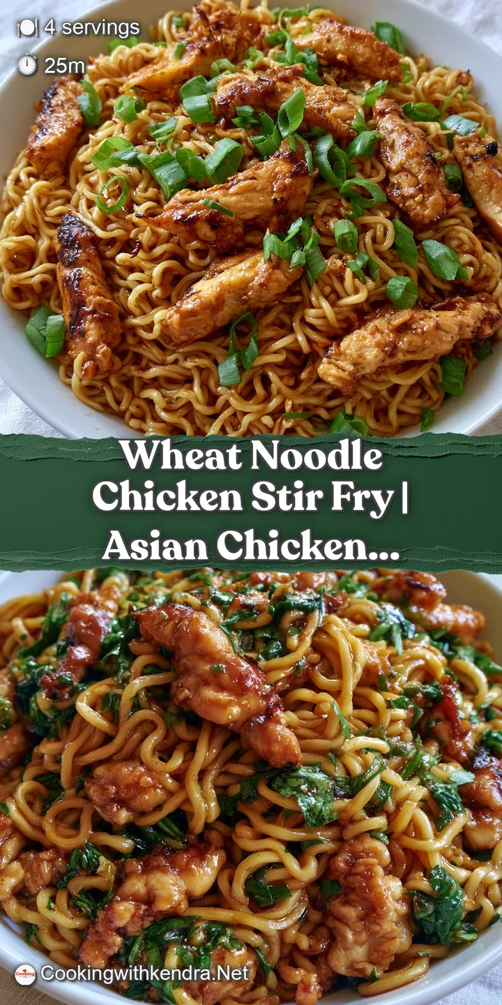 Close-up of tender chicken pieces and thick wheat noodles coated in a shimmering, savory sauce with sliced scallions.