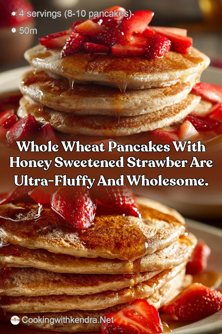 Whole Wheat Pancakes with Honey Sweetened Strawber are Ultra-Fluffy and Wholesome.