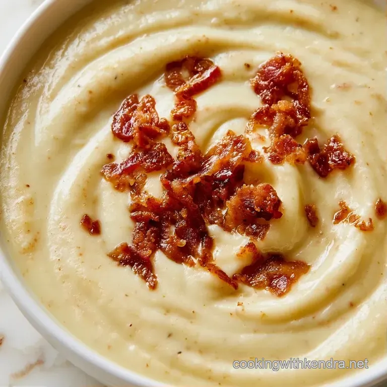 A rustic bowl of thick, creamy potato soup topped with crispy bacon bits and a swirl of cream on a wooden table.