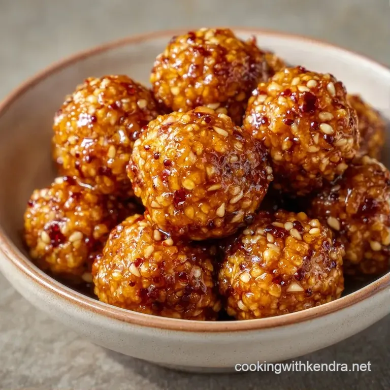 Tiny amber-hued treats neatly arranged on a white ceramic platter, accented by a drizzle of syrup and almond slivers.
