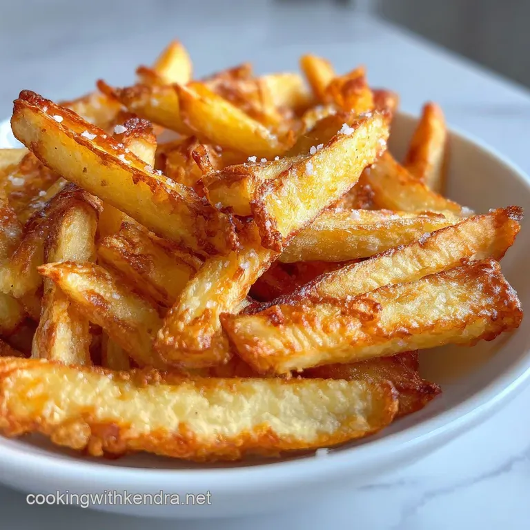 Crisp, golden air fryer fries artfully arranged in a white bowl, sprinkled with sea salt and herbs, inviting and delicious.