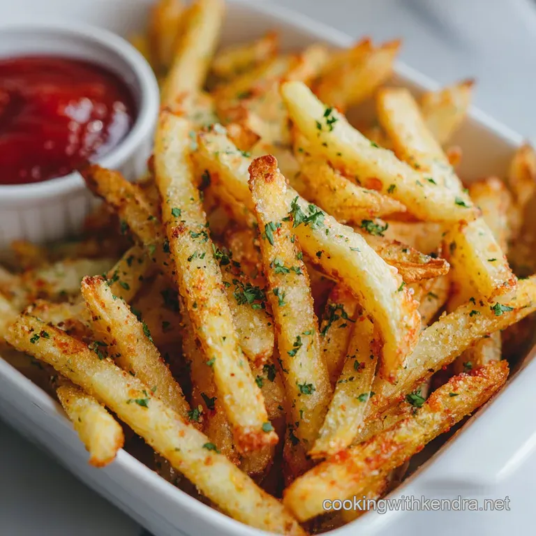 Crisp, golden fries artfully arranged in a white ceramic dish. The simple presentation showcases the fries' inviting texture.