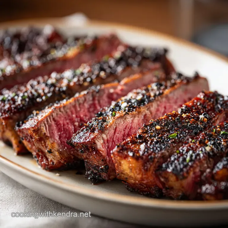 Sliced medium-rare steak arranged on a white plate with saut&eacute;ed greens and a sprig of fresh, aromatic rosemary.