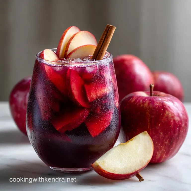 Elegant wine glass filled with ruby red sangria, showcasing crisp apple slices, cinnamon sticks, and a dusting of cinnamon.
