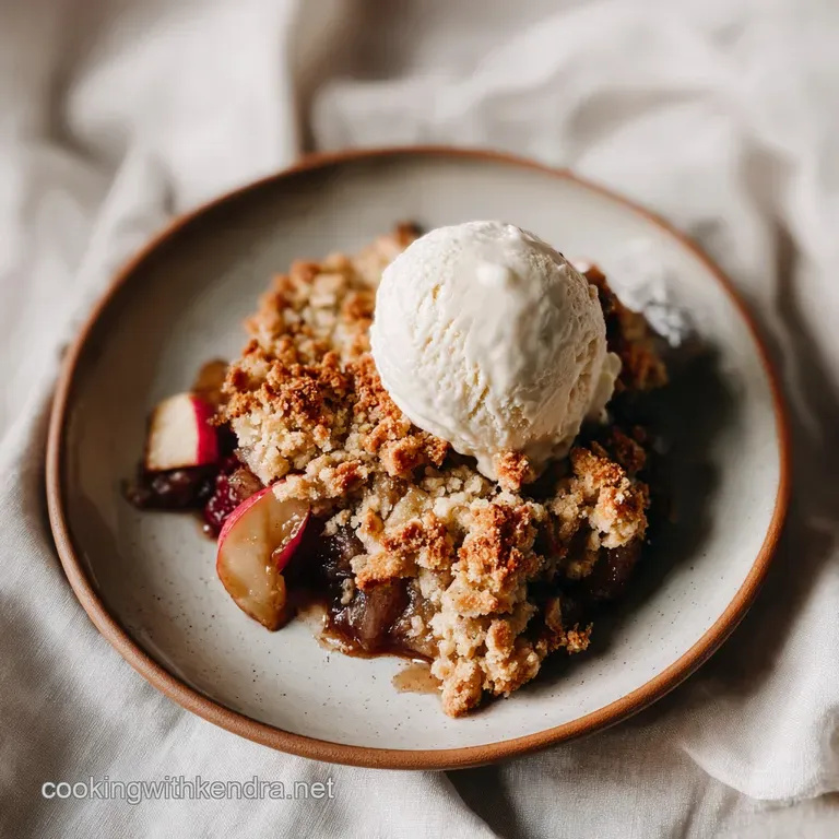 A rustic slice of bubbling apple cake, topped with melting vanilla ice cream, on a white plate.