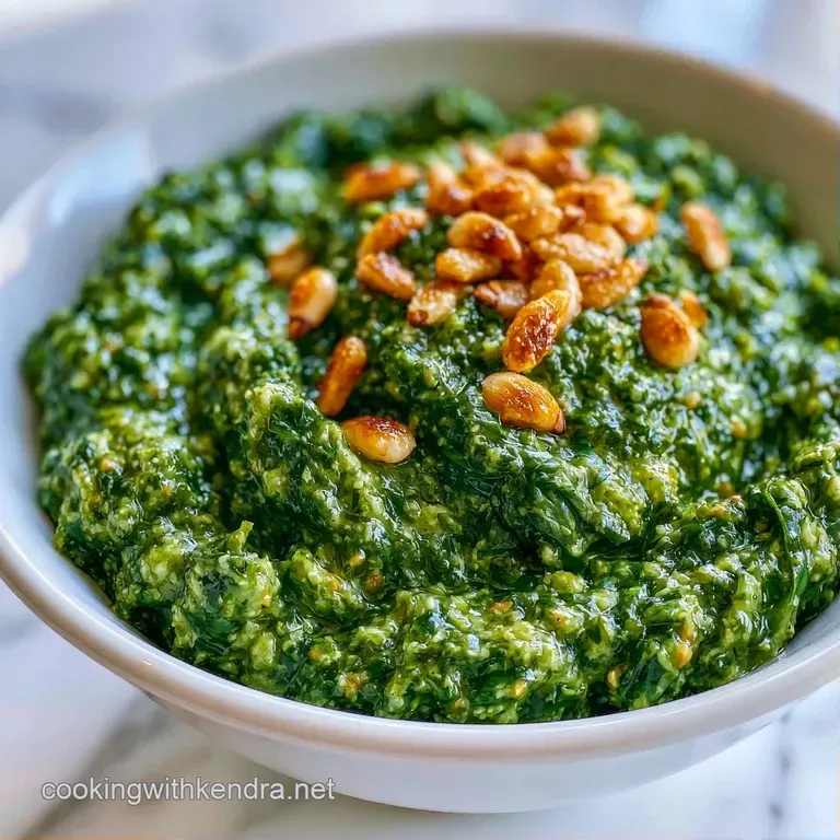 A swirl of vivid green herbed sauce on a white ceramic plate, accented by a fresh basil leaf and golden oil.