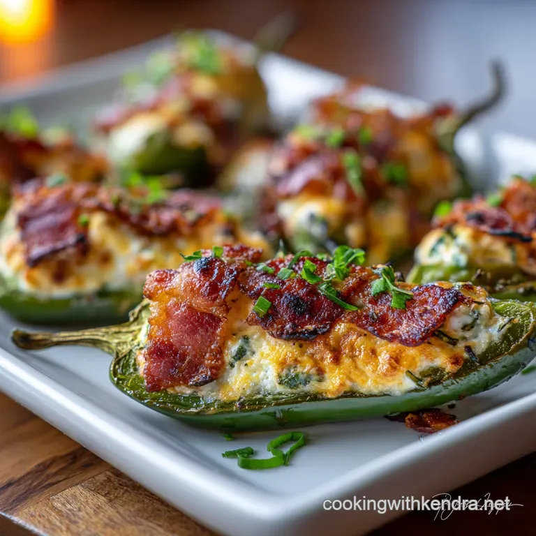 Three bacon-wrapped jalape&ntilde;o poppers plated with a swirl of creamy dipping sauce, sprinkled with fresh herbs, against a da...