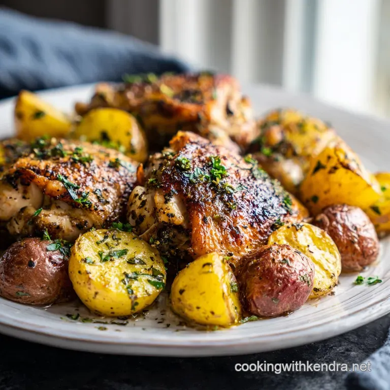 Perfectly plated chicken breast with crispy skin beside tender roasted vegetables, glistening with herb-infused oil.