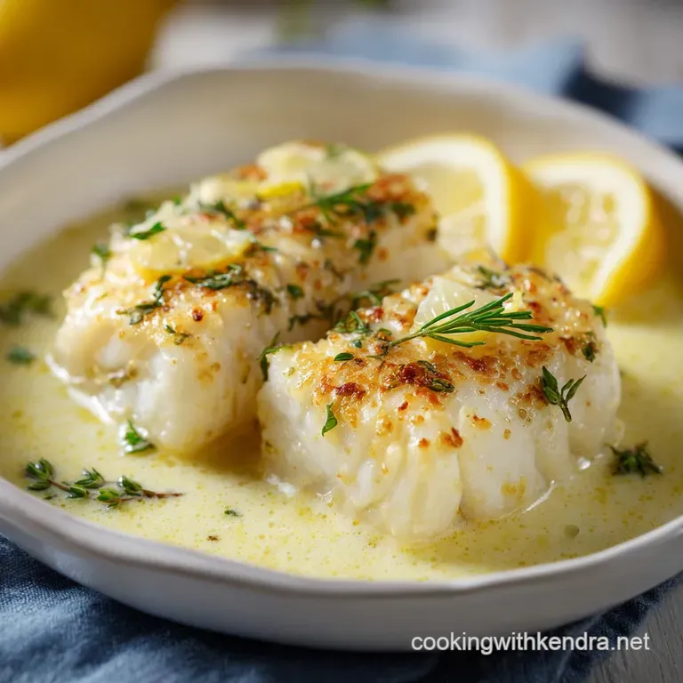Elegant white fish fillet resting in a pool of creamy coconut sauce, garnished with lemon rounds on a ceramic plate.