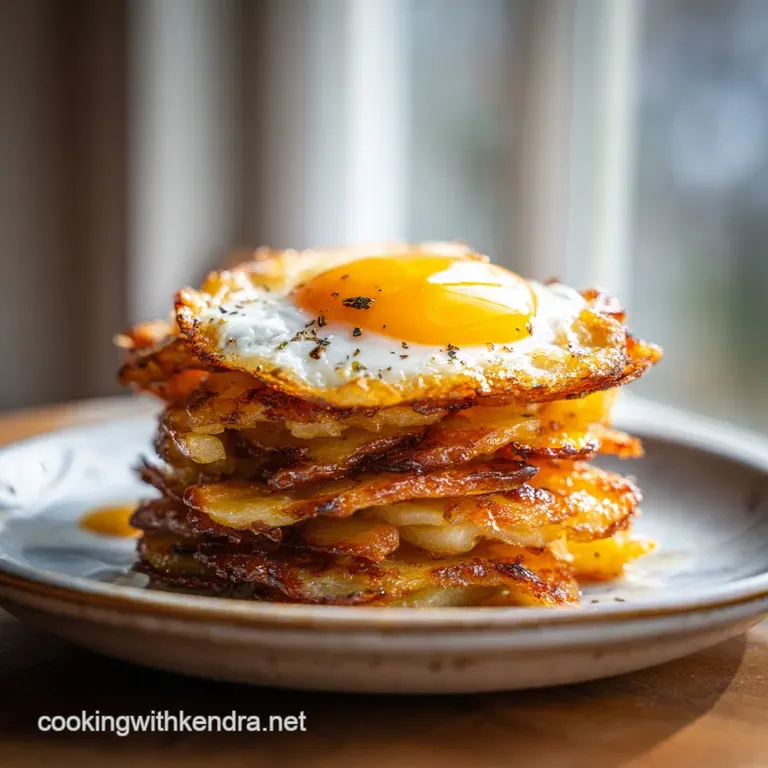 A single golden-brown egg tower on a white ceramic plate, garnished with microgreens and a drizzle of herb oil.
