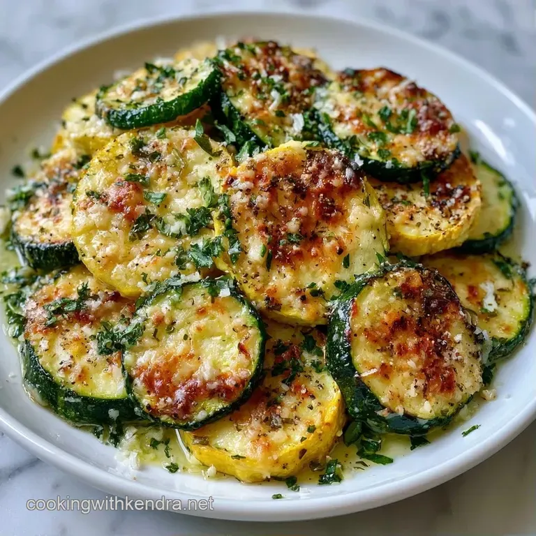 Neatly stacked slices of roasted green and yellow summer squash on a white plate, garnished with fresh parsley.
