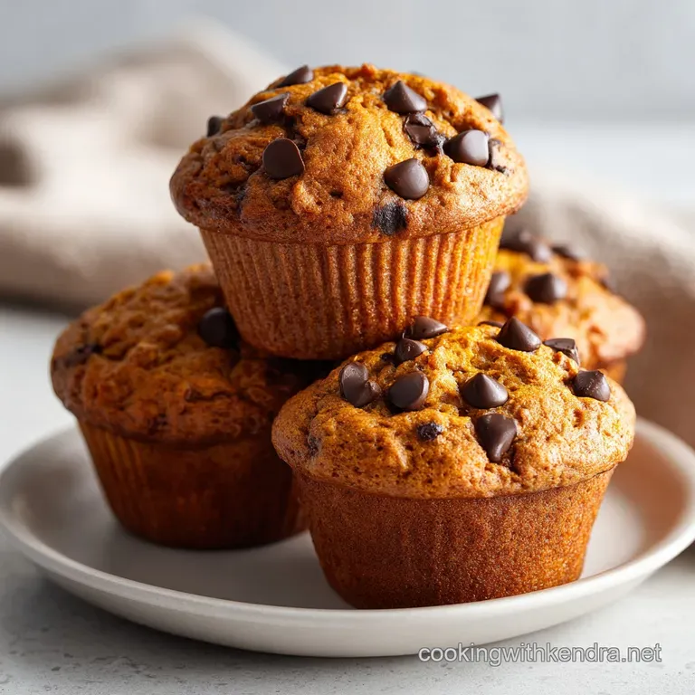 Three warm pumpkin chocolate chip muffins arranged artfully on a white plate with a swirl of whipped cream.