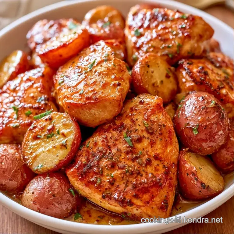 Three glazed chicken thighs on a white platter with vibrant roasted corn and carrots, garnished with fresh parsley.