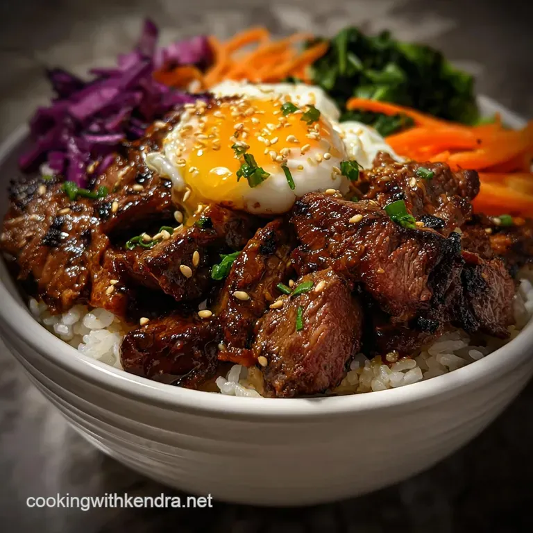 Seared steak slices atop fluffy rice, glistening with sauce, alongside vibrant kimchi and fresh greens. A savory delight.