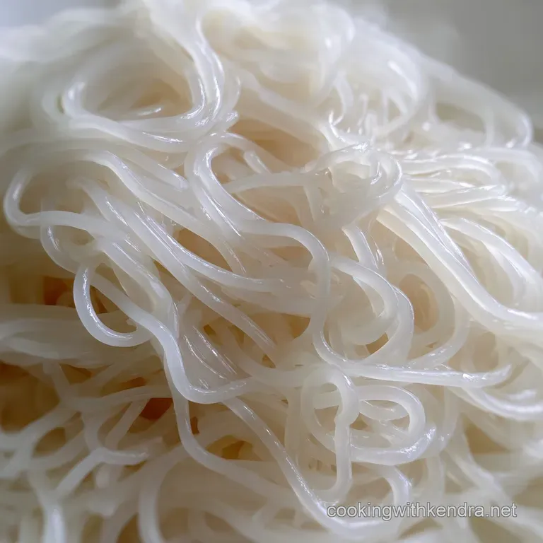 Glistening bean thread noodles artfully twirled on a plate. Sprinkled with sesame seeds, bright green scallions, creating ...