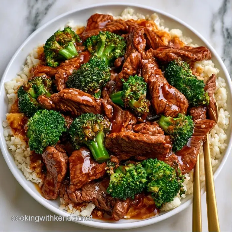 A white porcelain bowl filled with glazed beef and broccoli, topped with toasted sesame seeds and sliced scallions.