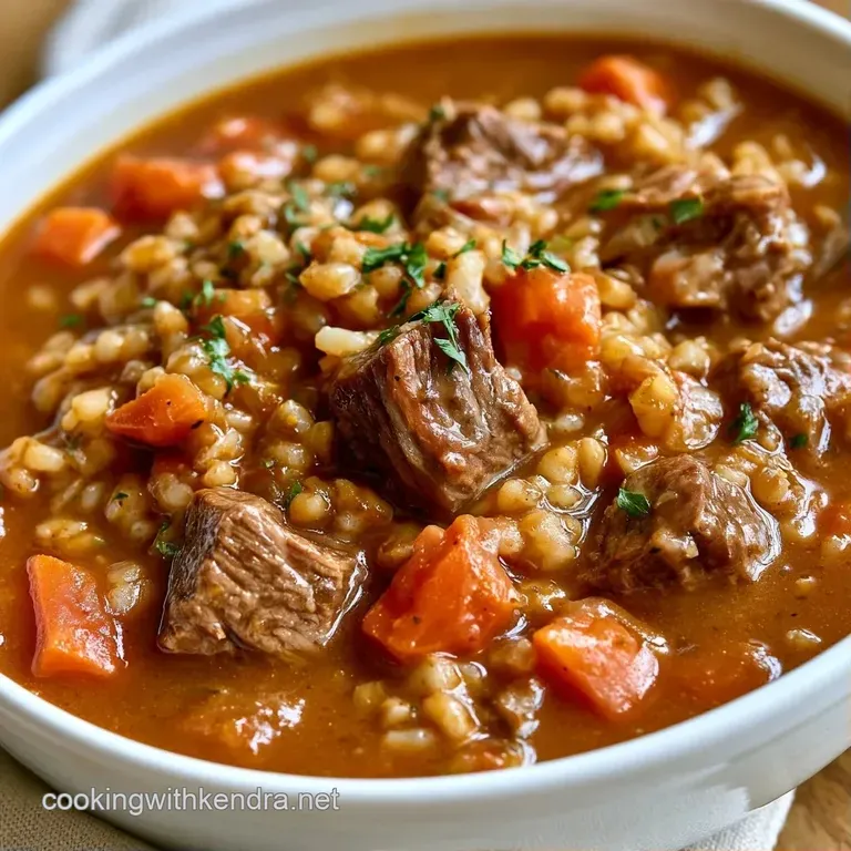 Steaming bowl of rich brown stew with colorful carrots and herbs, served with a side of toasted sourdough bread.