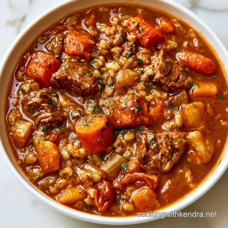 Rustic ceramic bowl filled with thick stew, garnished with fresh parsley and paired with a side of crusty bread.