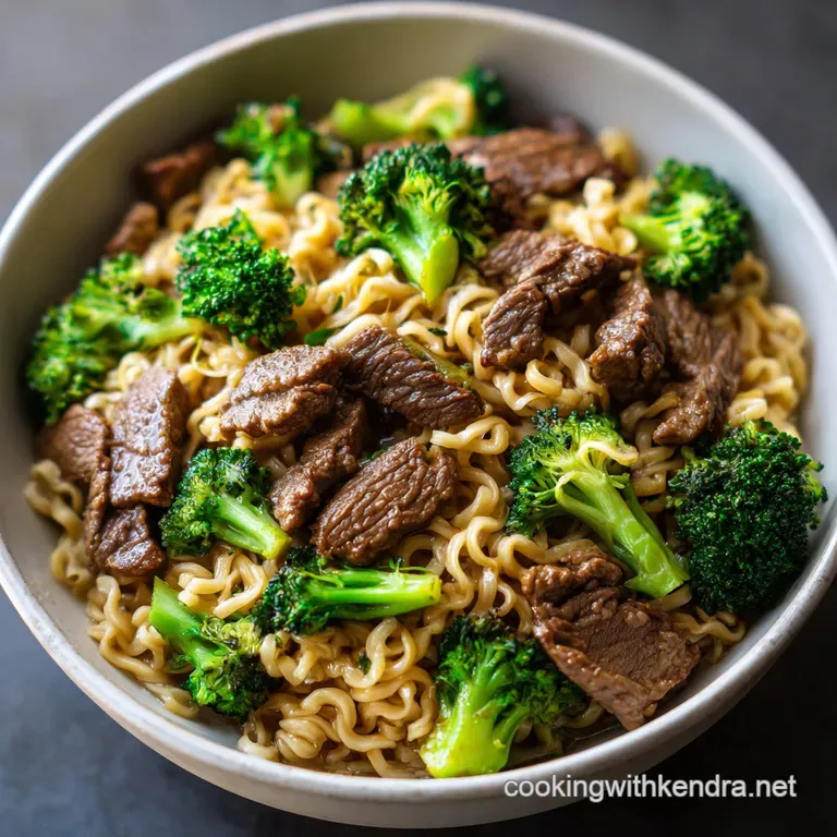 Steaming bowl of noodles with perfectly seared beef and vibrant green broccoli, garnished with sesame seeds. Ready to eat.