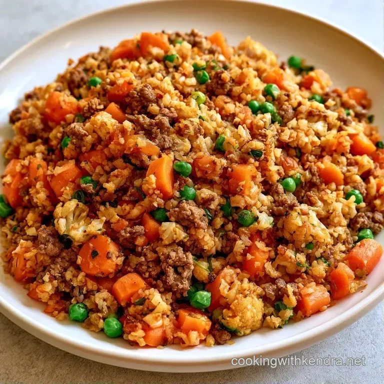 A white ceramic bowl filled with savory browned beef, golden grains, and colorful vegetables, topped with green onions.