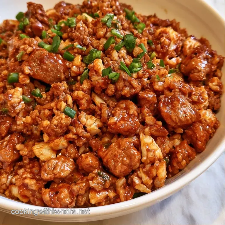 Elegant white bowl of glistening browned meat and fluffy rice grains topped with vibrant green scallion slivers.
