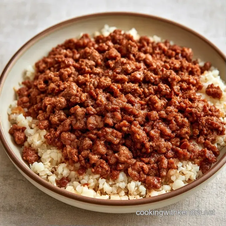 Elegant bowl of white cauliflower rice topped with caramelized beef, bright carrots, and fresh green herb garnishes.
