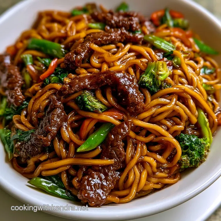 Swirled wheat noodles and seared beef strips topped with green onions in a minimalist ceramic bowl on a wood table.