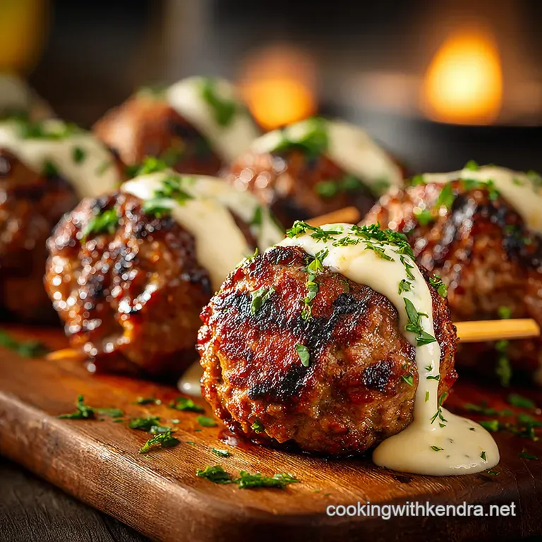 Beef Mince Kofta Skewers with Creamy Tahini Drizzle presentation