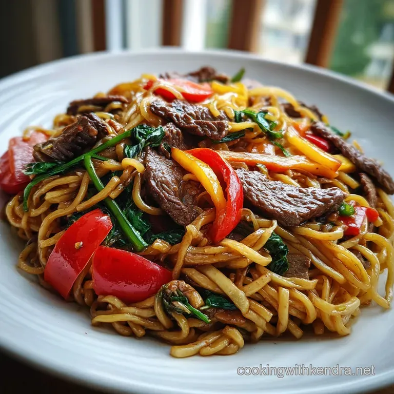 Steaming beef and noodle stir-fry elegantly plated, garnished with sesame seeds and fresh scallions, showcasing the dish's...