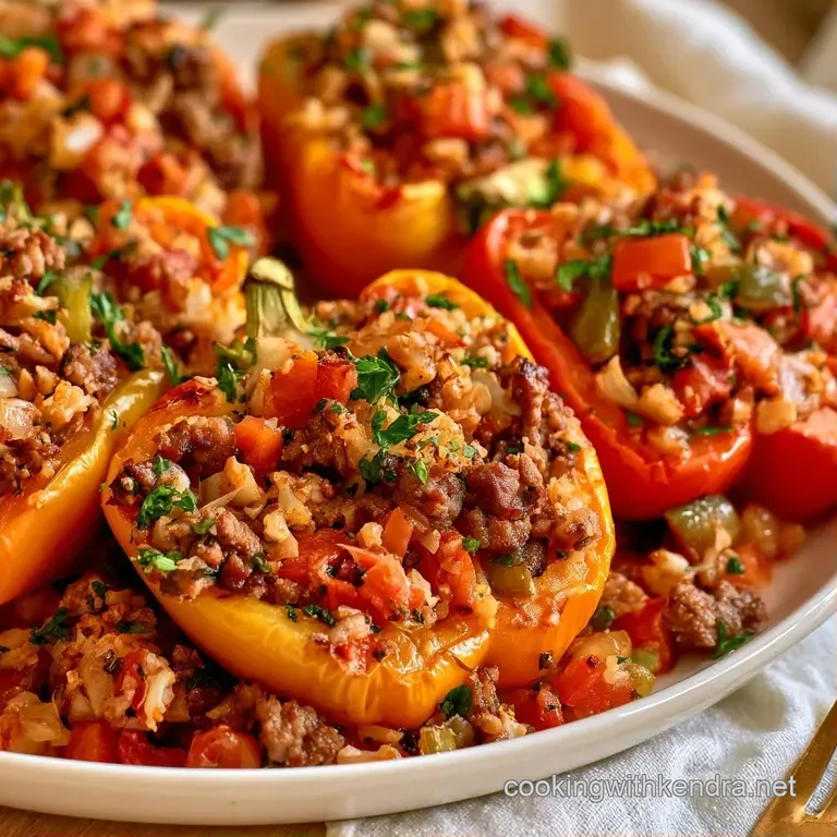 Vibrant stuffed peppers topped with molten cheese on a clean white plate, garnished with a fresh sprig of parsley.