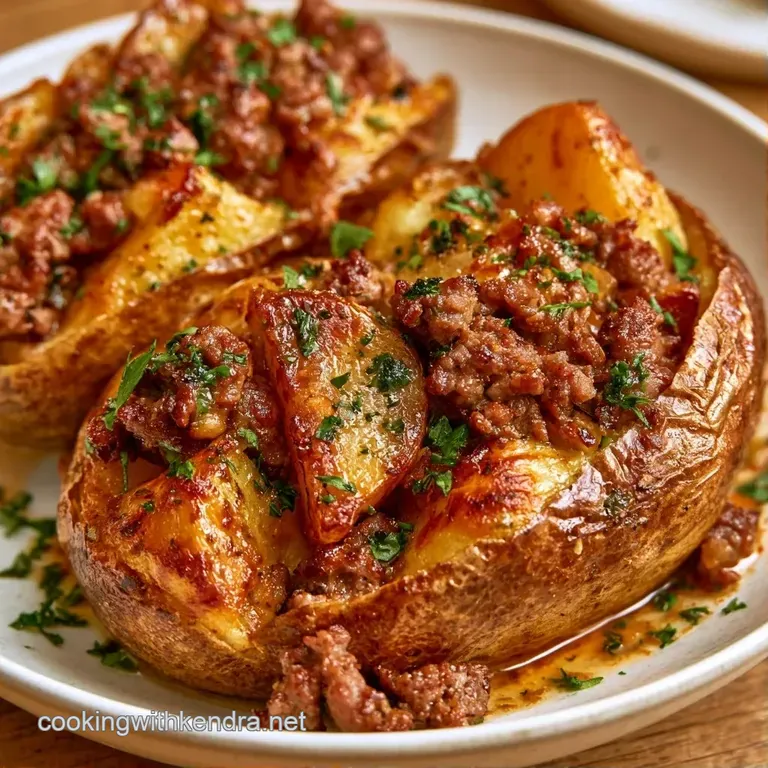 Four roasted potato skins overflowing with savory meat on a ceramic platter, garnished with chopped parsley.