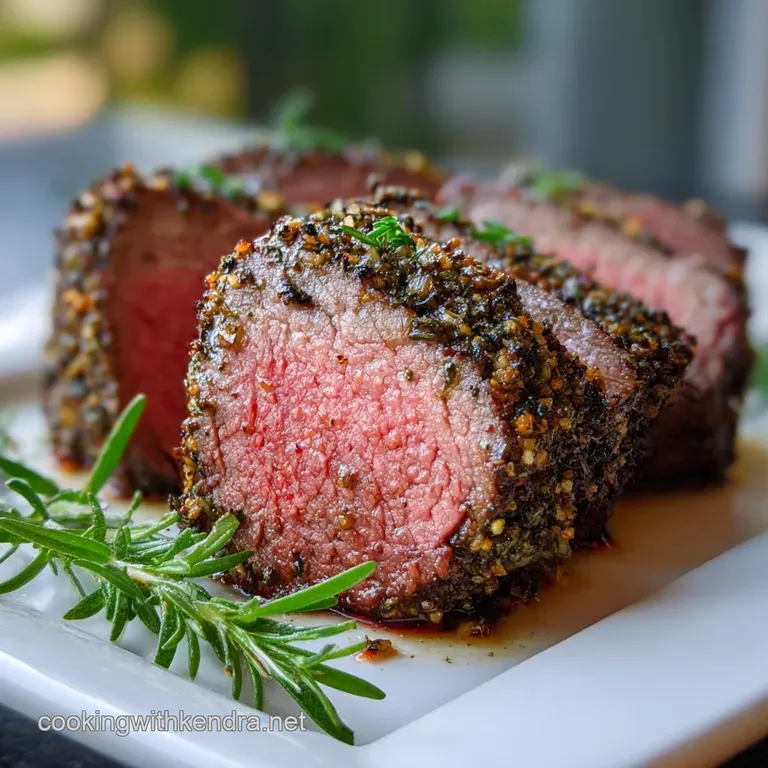 Slices of rosy-pink beef tenderloin arranged artfully on a white plate with vibrant green herbs. Elegant and mouthwatering.