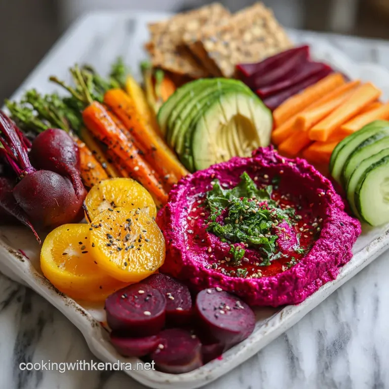 Elegant beet hummus platter with swirls of color, topped with fresh herbs and a drizzle of olive oil. Crisp veggies alongs...