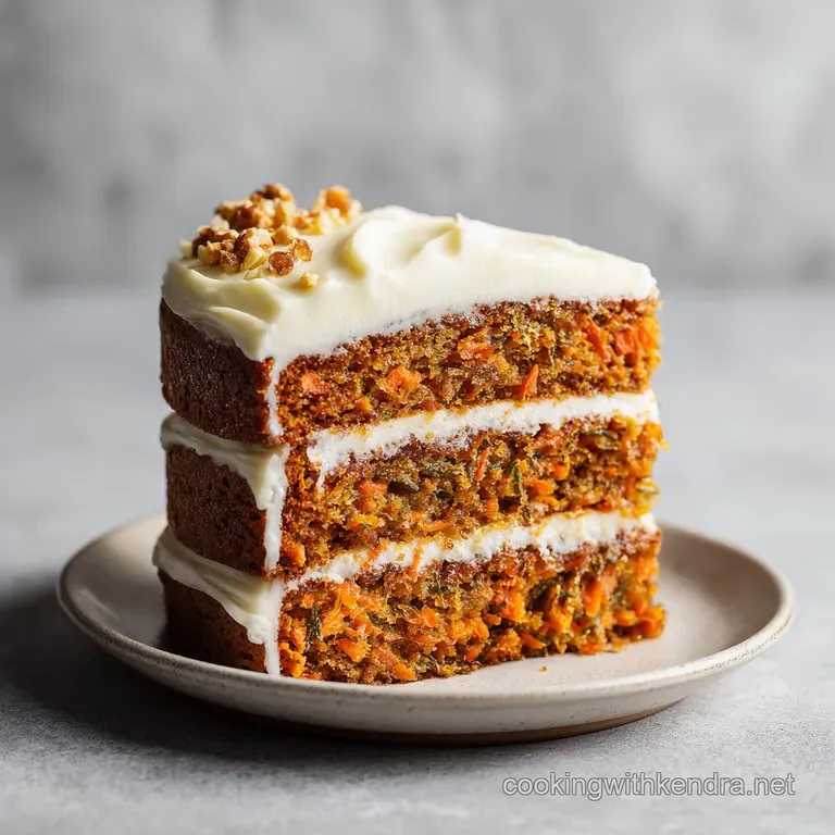 A slice of layered carrot cake, showcasing rich orange crumb and thick cream cheese frosting, elegantly served.