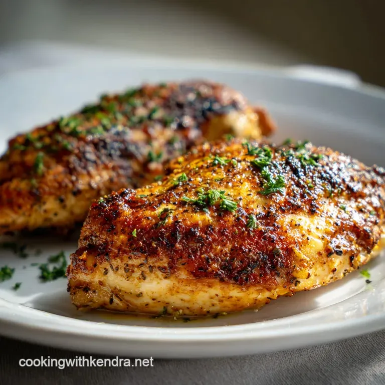 Perfectly seasoned chicken thigh, with crispy skin, served on a white plate with a vibrant green sprig of rosemary.