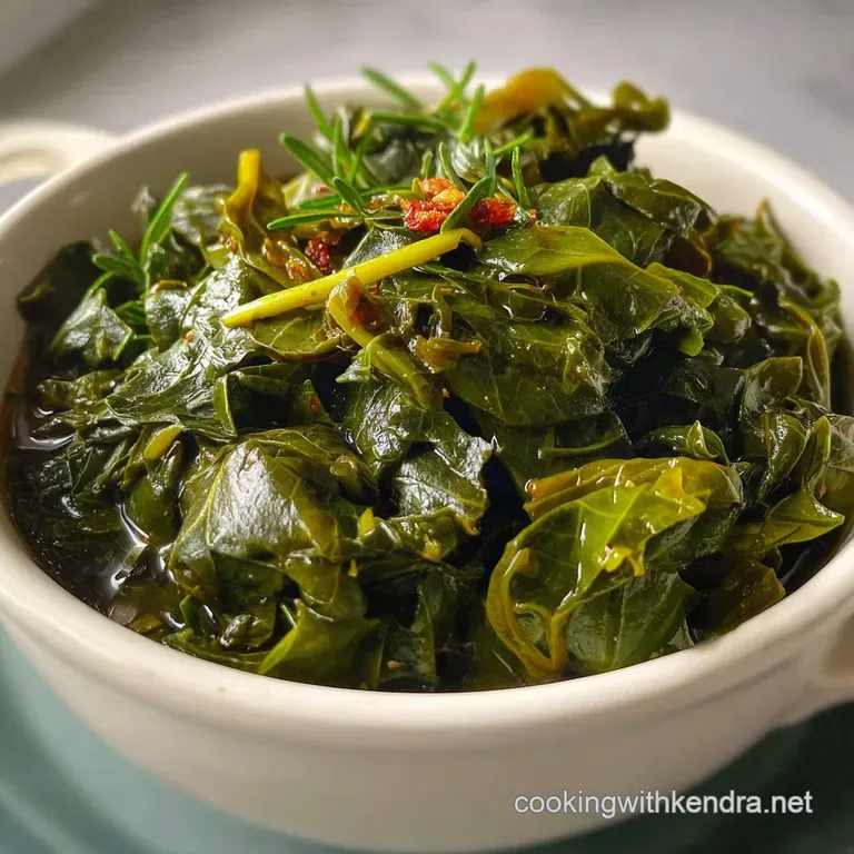 Dark, glossy greens artfully arranged on a plate, flecks of red pepper add a pop of color & smoky aroma.