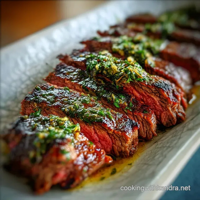Juicy skirt steak slices arranged artfully on a white plate, vibrant green chimichurri sauce drizzled over the tender meat.