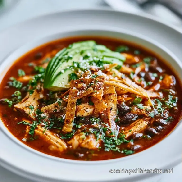 A rustic ceramic bowl of red-hued stew garnished with a swirl of white cream and bright green avocado slices.