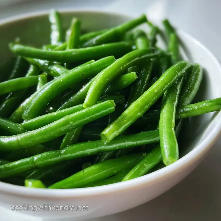 Emerald green blanched green beans overflowing from a rustic bowl, glistening with moisture, offering a taste of garden fr...
