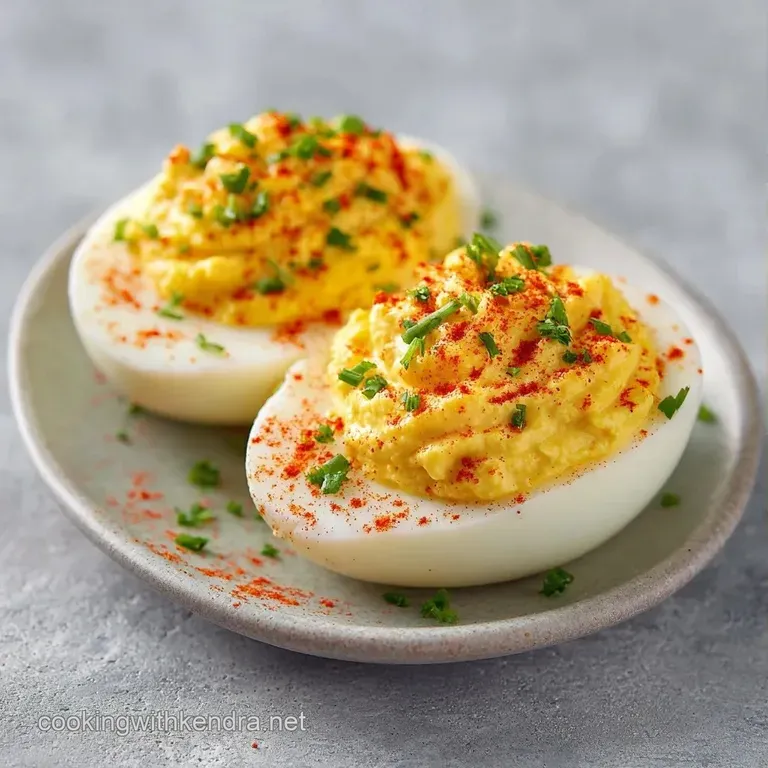 Halved hard-boiled eggs topped with a dusting of red paprika, arranged neatly on a minimalist white ceramic plate.